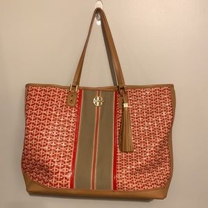 Tory Burch Tan Leather Basket Weave Large Tote Purse